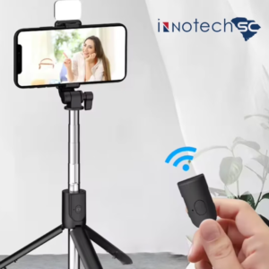 Innotech SC 42" Selfie Stick Tripod with Wireless Bluetooth Remote and Detachable LED Fill Light for Smartphones, 3-in-1 Extendable Selfie Stick, Tripod & Phone Stand-Black